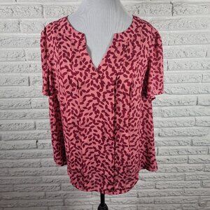 Liz Claiborne 1X Blouse Pink Burgundy Geometric V-Neck Pleated GEO197E